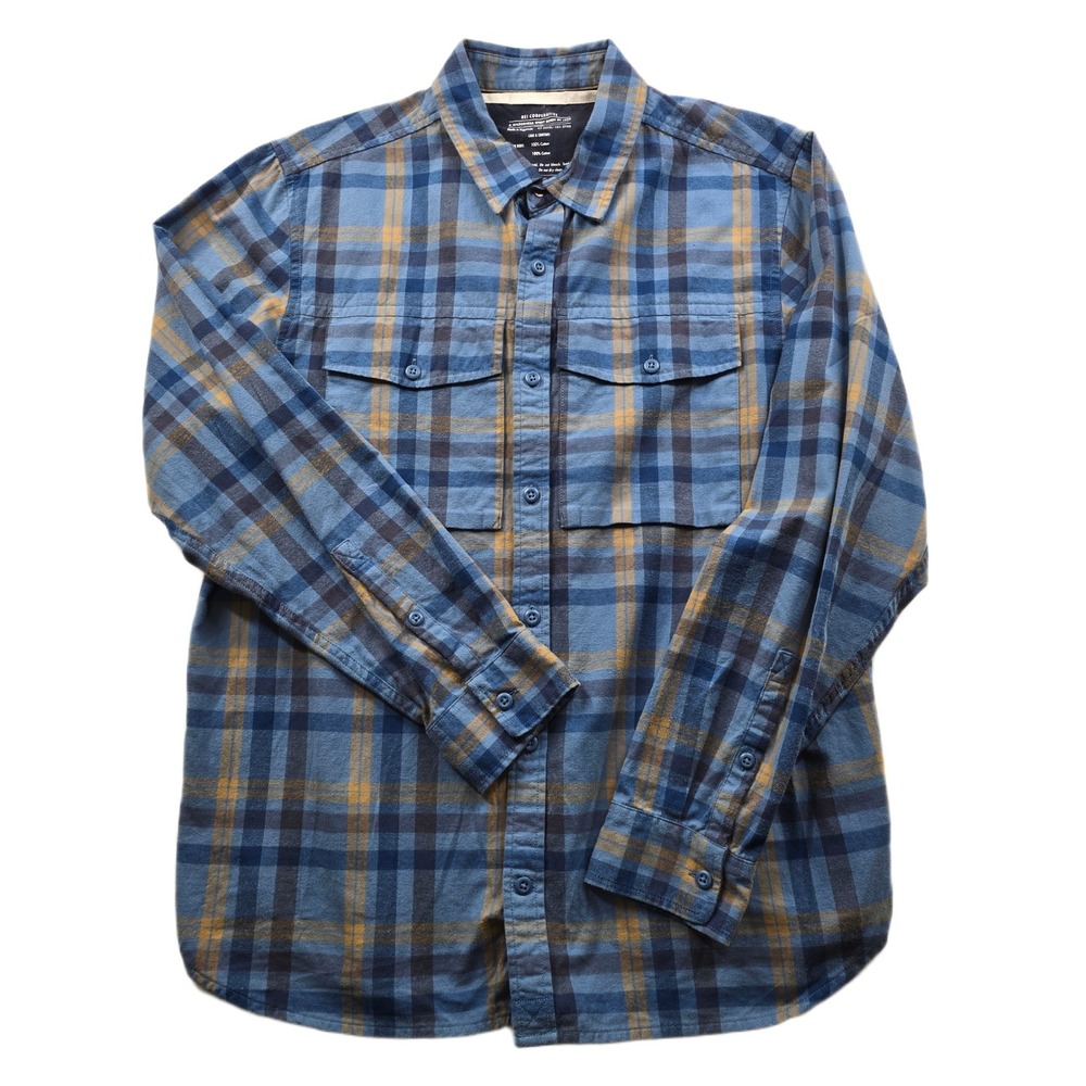 REI Co-op Flannel Shirt Mens Large Blue Gold Cotton Plaid Button Down L/S